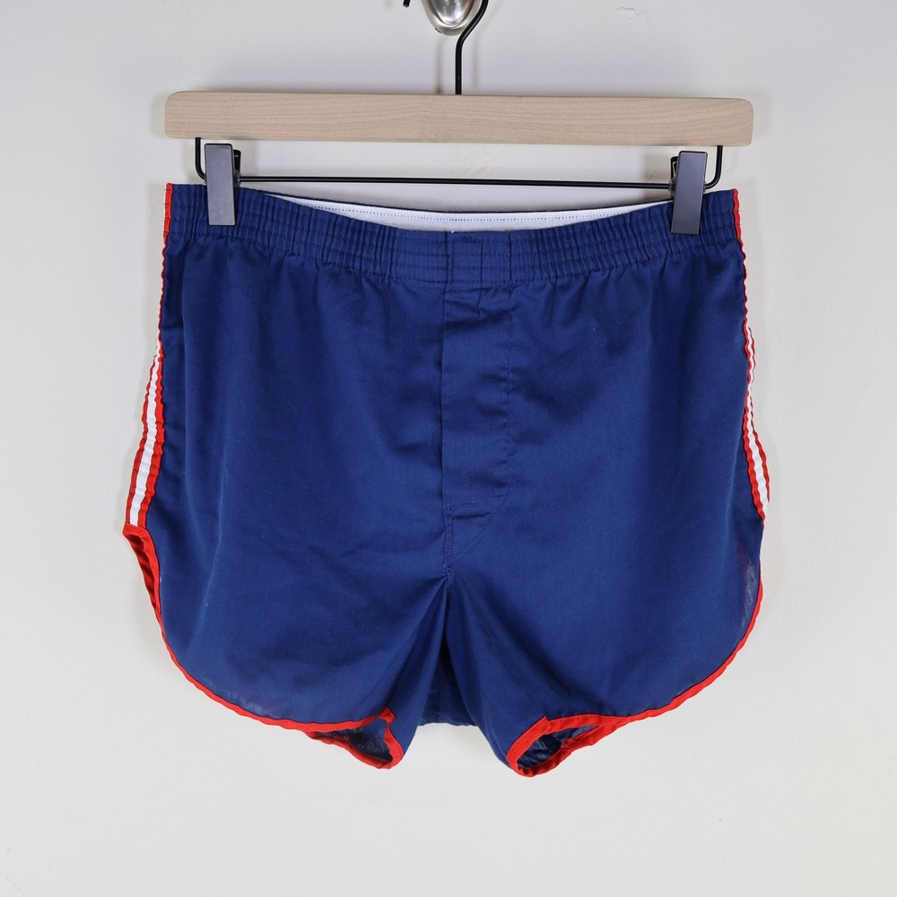 Vintage 70s Permanent Press Dolphin Running Shorts Size 32 Athletic Blue Red